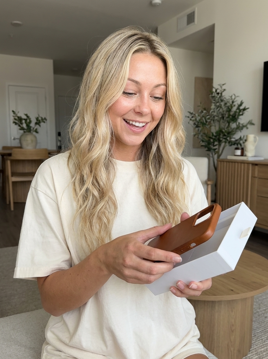 Same AI character unboxing a leather phone case