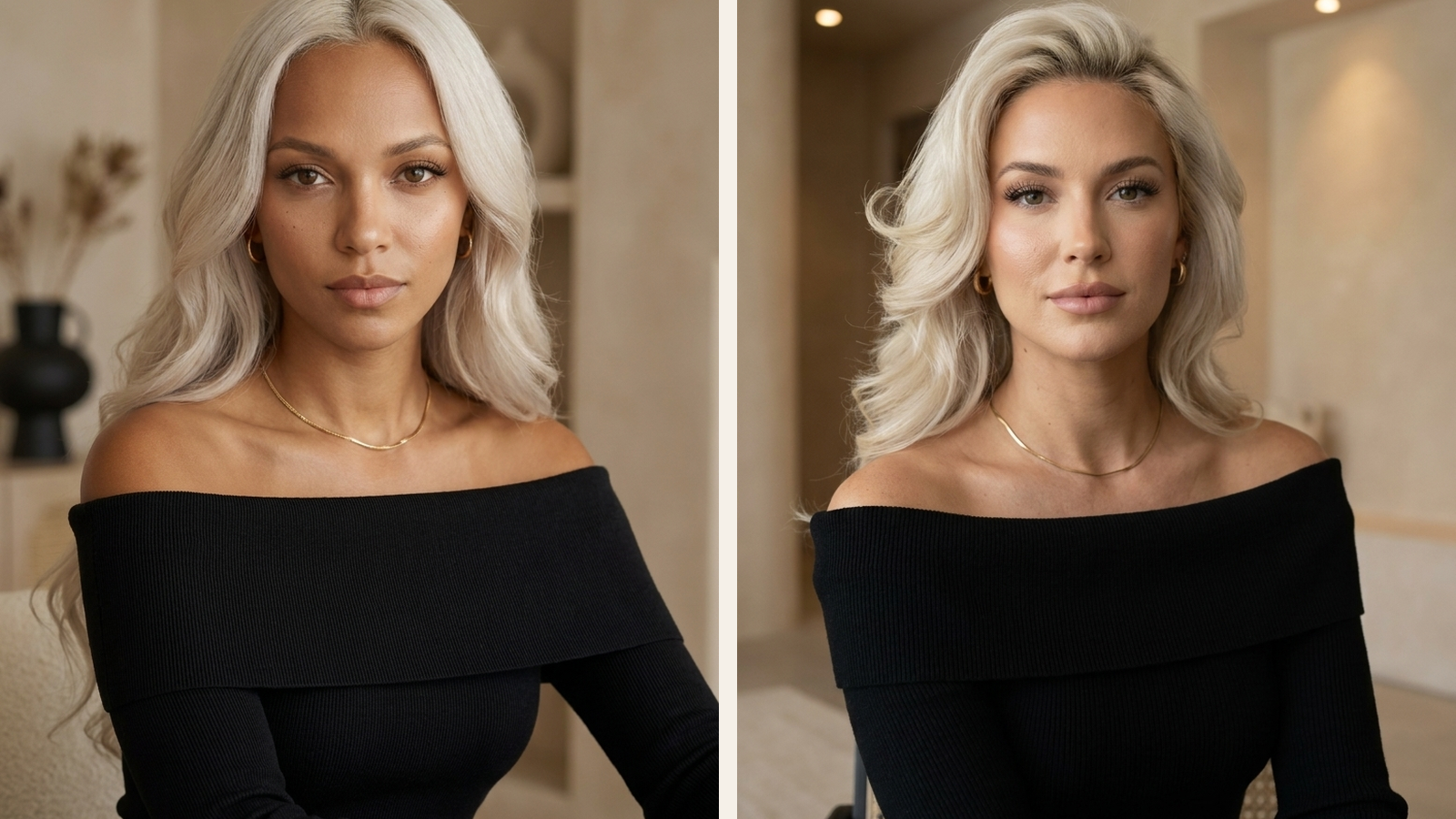 Side-by-side comparison showing two different women generated from the same prompt