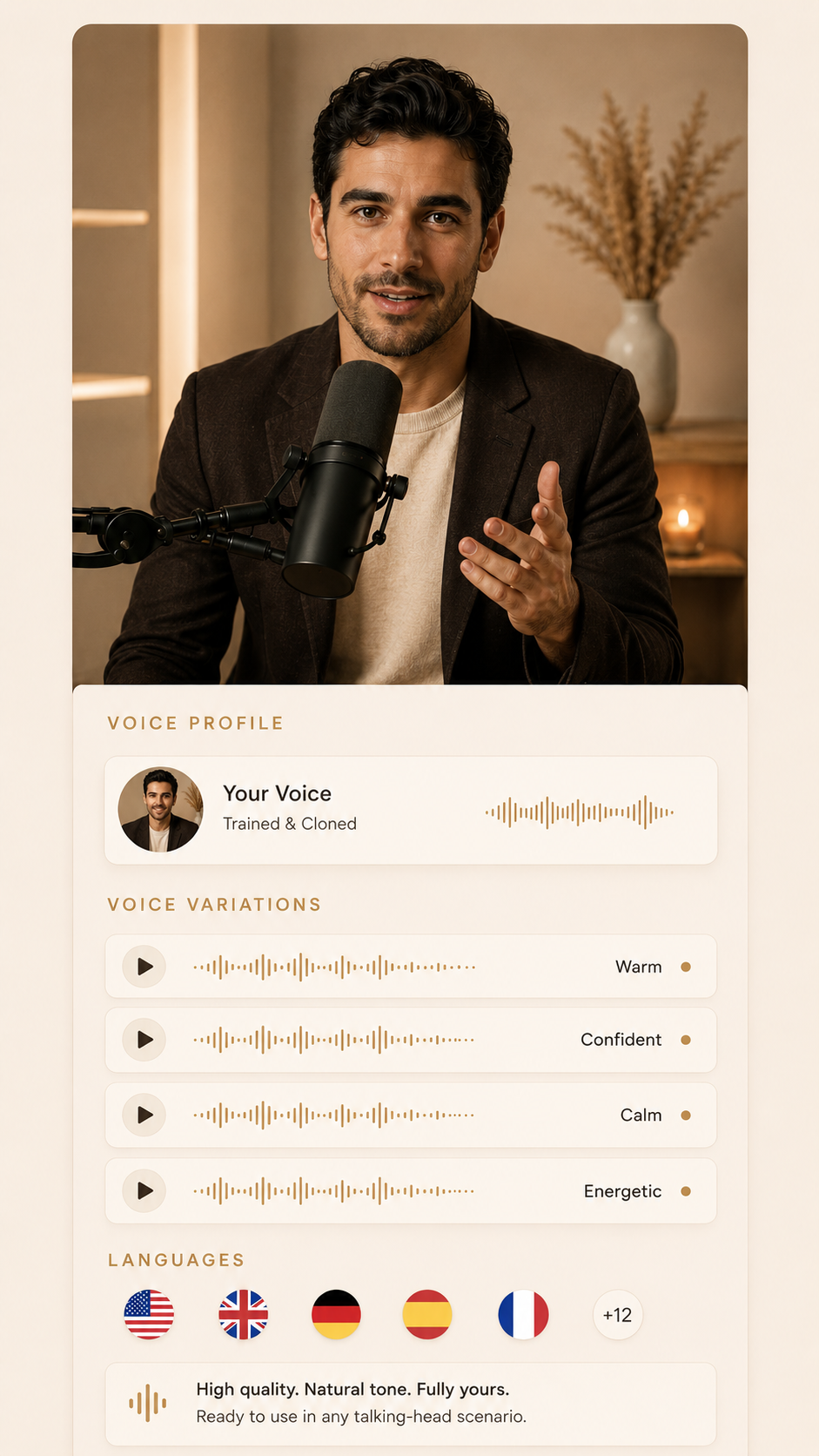 Voice identity workflow preview showing creator, voice profile, variations, and languages
