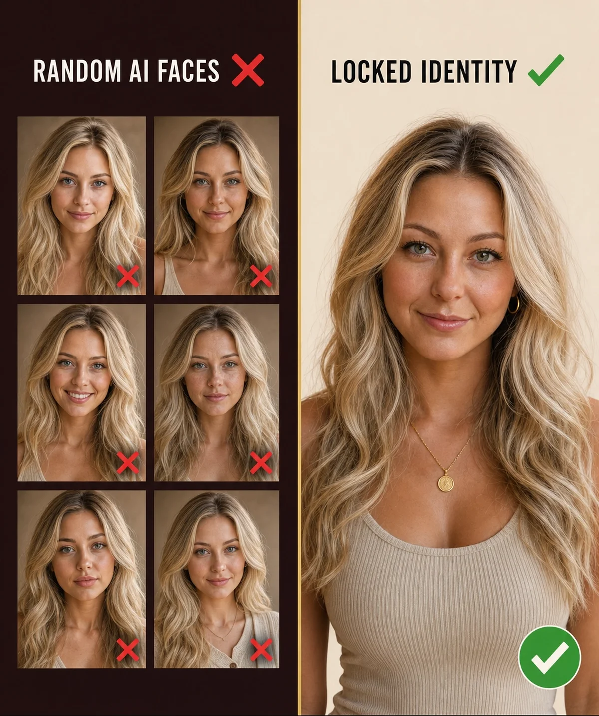 Female AI character identity drift versus locked identity comparison