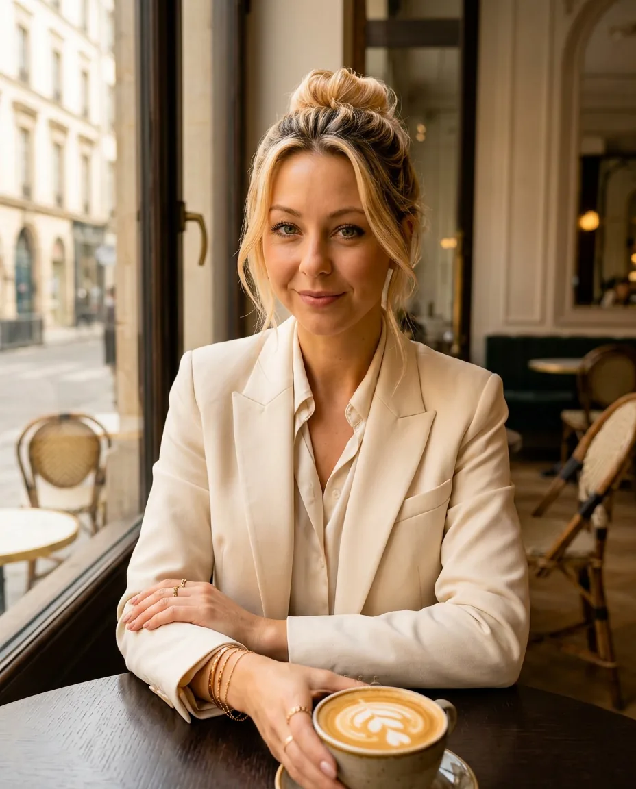 Vikki Sky consistent character in a coffee shop setting